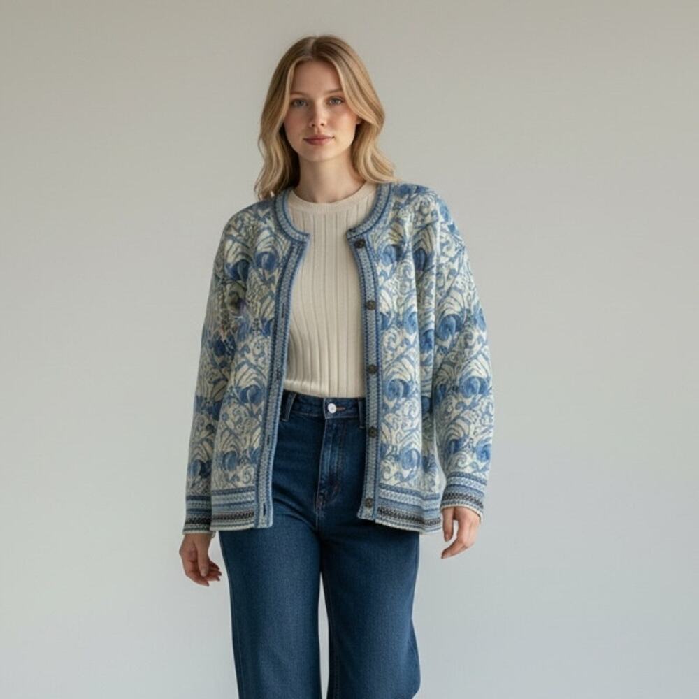 Skjaeveland Norway Pure New Wool Sweater Vintage Women's Sz S Blue Scandi 90s